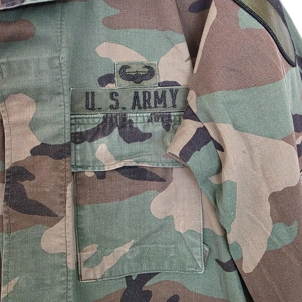 US Army Jacket Mens Med Reg Combat Coat Woodland Camo Name Airborne Calvary 1988